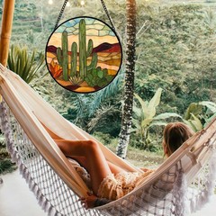 JOSUMALY Stained Glass Window Hanging, Green Cactus Sun Catcher for Door Terr…