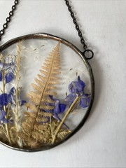 Round Glass Botanical SUNCATCHER Pressed Floating Purple Flower 3.5” Frame Chain