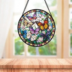 Colorful Butterfly Stained Glass Suncatcher for Home Decor & Gifts 14.9″x14.9″