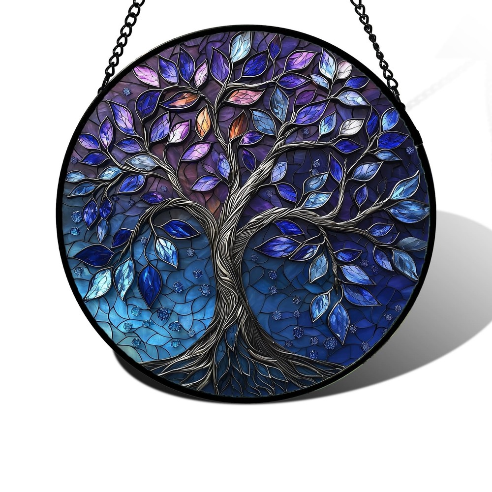 Stained Glass Window Hanging, Blue Purple Tree of Life Sun Catchers Colorful …
