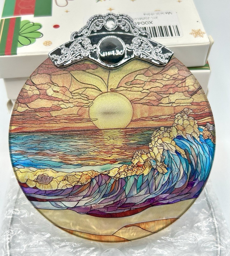 3” Ocean Wave Stained Glass Suncatcher Coastal Sunset Window Hanging New