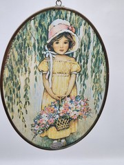 Oval Stained Glass Suncatcher Little Girl and Flowers with Basket 6 1/2 Enesco