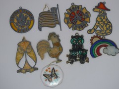 LOT OF 9 VINTAGE STAINED GLASS & METAL PLASTIC ORNAMENTS SUNCATCHERS