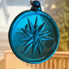 Blue Art Glass Suncatcher Ornament Moravian Star Starburst 3.5″ Round