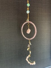 Pink Shiny Moon & Beads, Gems On Round Frame Golden Chain Sun Catcher