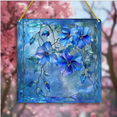 Large Vintage Blue Floral 2D Acrylic Suncatcher, Square, 8″, Stained Glass Look