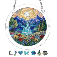 Classic Waterfall Mountain Moon Round Acrylic Puzzle Suncatcher Wall Hanging