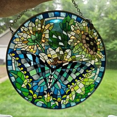 Amia Butterfly & Sunflower Stained Glass Suncatcher 6.5″ Round Window Panel