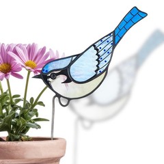 Stained Glass Blue Bird Suncatcher for Flower Pots | Colorful Garden Decor