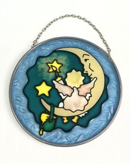 Joan Baker Sun Catcher Angel Moon Stars 4”Stained Glass Round Vintage StarChild