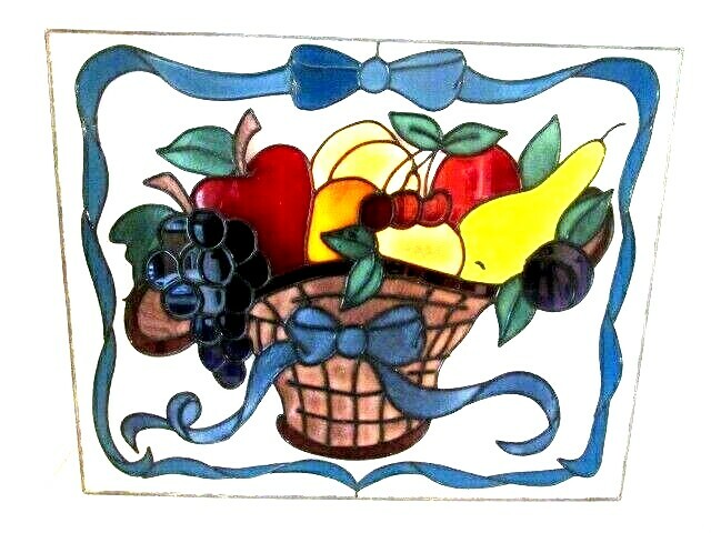 BEAUTIFUL Hand Painted Glass Art Painting FRUIT BASKET Sun Catcher Frame 20″X16″