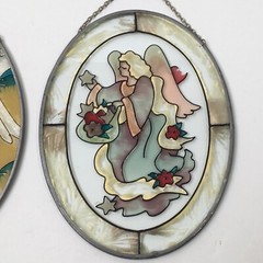 Stained Glass Suncatcher Lot of 2 Oval Hand Painted Angels Religious 7” X 5.25”