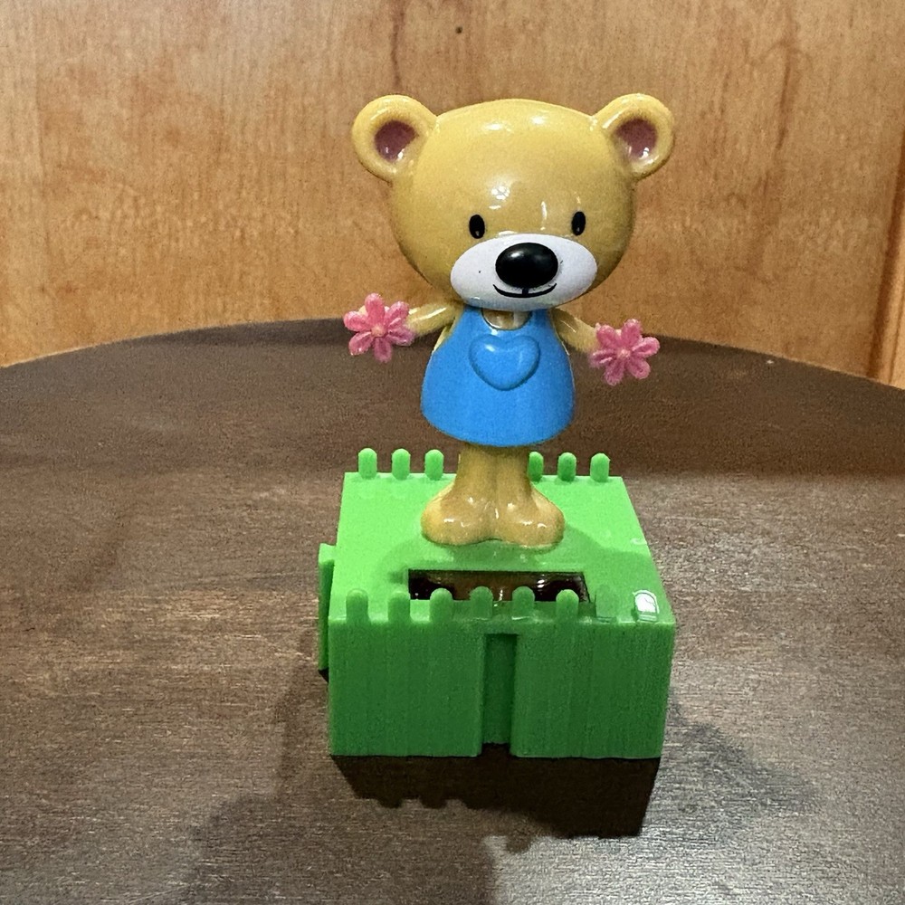 Solar Powered Dancing Bear With Pink Flowers Blue Dress Tested Working