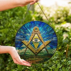 All Seeing Eye Earth Sky Blue Brown Masonic Glass Suncatcher