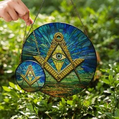 All Seeing Eye Earth Sky Blue Brown Masonic Glass Suncatcher