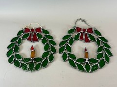 2 Stained Glass Christmas Wreath w/ Candle Vintage Handmade 80’s Textured Signed
