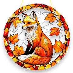 Fox Maple Leaf Suncatcher 8in Acrylic Faux Stained Glass Window Panel Decor