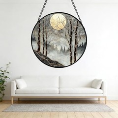 Stained Glass Window Hanging – Black and White Gold Moon 7.8×7.8 IN Black Gold