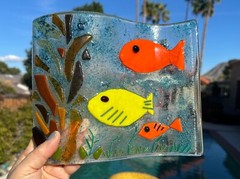 fused glass ocean scene artwork – 7.75×9.25 inches – handmade