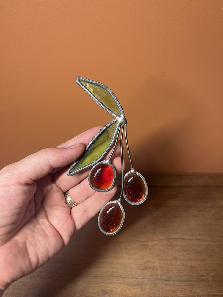 Vintage Stained Glass Cherry Stem Fruit Handmade Suncatcher Ornament Decor