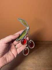 Vintage Stained Glass Cherry Stem Fruit Handmade Suncatcher Ornament Decor