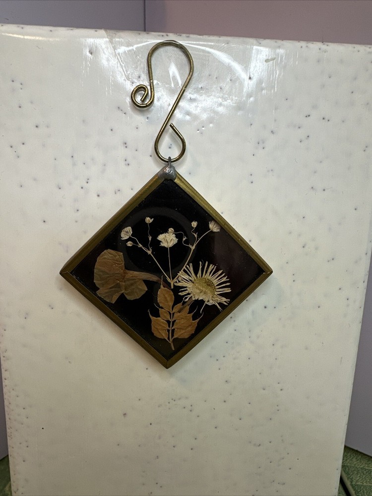 Diamond Shaped Pressed Real Flowers Amethyst Glass Brass Frame Sun Cottage Chic