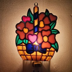 Vintage Acrylic Suncatcher Basket And Flowers Faux Stained Glass Nightlight