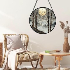 AMDERVEN Stained Glass Window Hanging Black and White Gold Moon Forest Sun C…