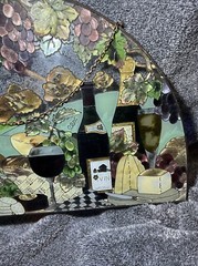 Joan Baker Stained Glass Wine & Cheese Flowers Suncatcher Half Circle Hanging