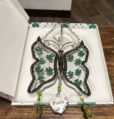 Butterfly Shamrock Glass Metal Suncatcher with Faith Charm, Green Beads, 5×5 in