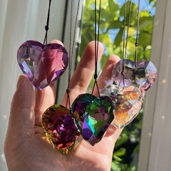 Colorful Heart Crystals Suncatcher Hanging Sun Catcher with Chain Pendant Orn…