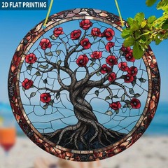 Vintage Red Rose Tree Acrylic Suncatcher Round Floral Art Window Hanging Decor