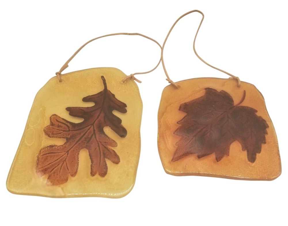 Suncatchers Fall Autumn Leaves Reverse Hand Painted Glass Leather Cord Set of 2