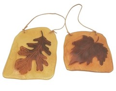Suncatchers Fall Autumn Leaves Reverse Hand Painted Glass Leather Cord Set of 2