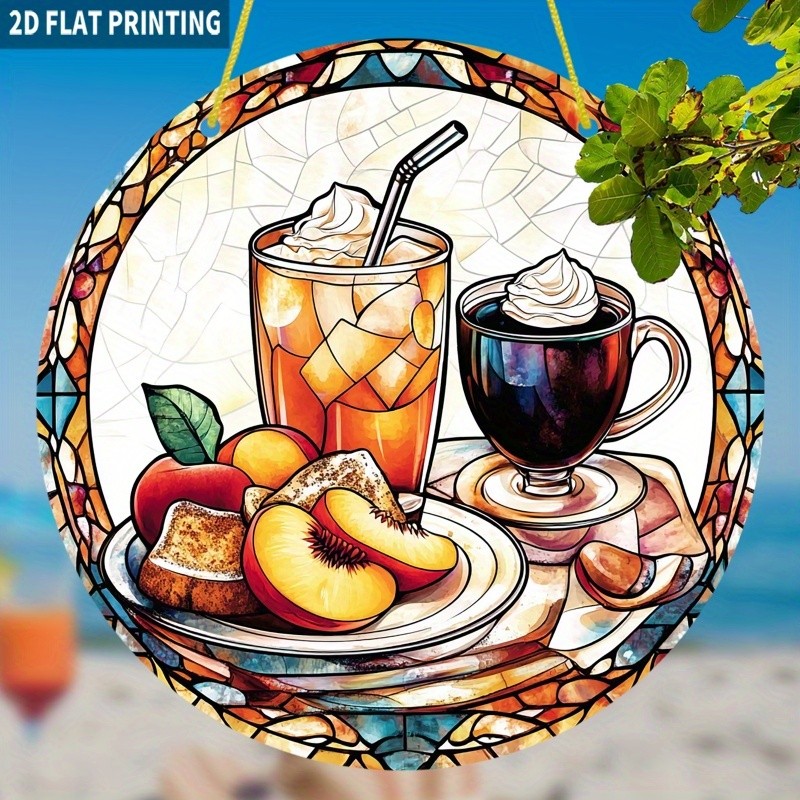 Cozy Breakfast Scene Iced Peach Drink Whipped Cream Coffee Acrylic Suncatcher