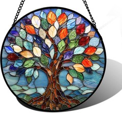 DASTOLL Stained Glass Window Hanging Tree of Life 9.8 in