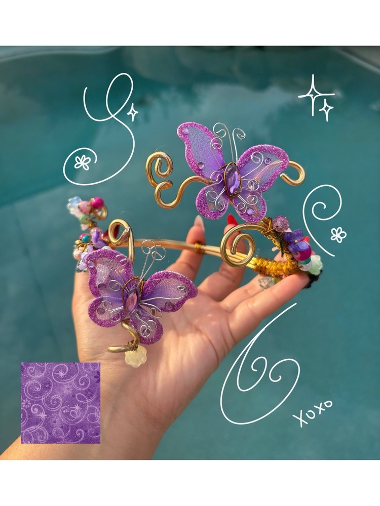 Handmade Purple Butterfly Beaded Golden Wire Spiral Arm Cuff