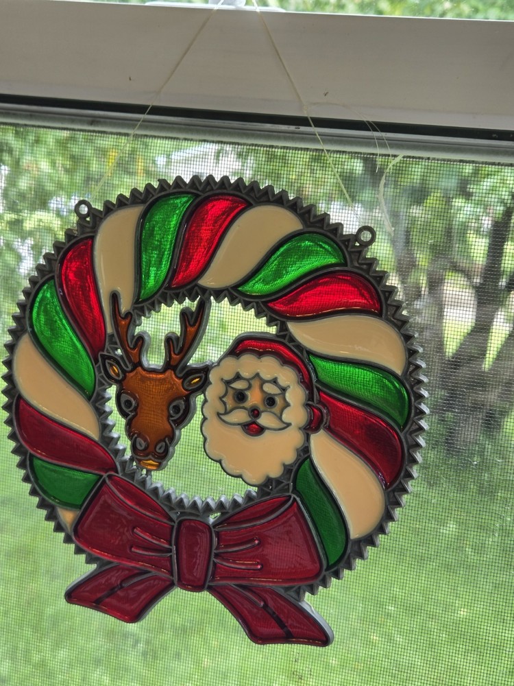 Vintage Stained Glass Santa And Reindeer Window Ornament Hanging Suncatcher LG