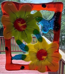 Fused Glass Handmade Rectangular Multicolor Sun Catcher Signed By Artist