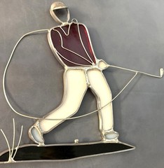 MAN LADY GOLFER hole 7 Set of 3 SUNCATCHER Vtg. LEADED STAINED GLASS Window Deco