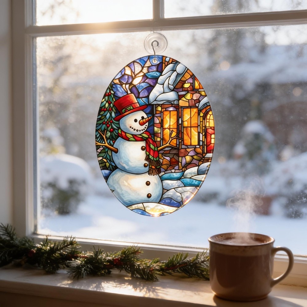 Frosty Blue Snowman Glass Suncatcher: Window/Garden Decor