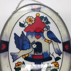Vtg Joan Baker Stained Two Birds & Birdhouse Hand Painted Suncatcher 6497