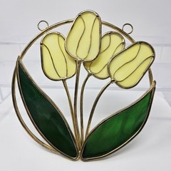 Vintage Yellow Tulip Suncatcher Faux Stained Glass Window Hanging Art