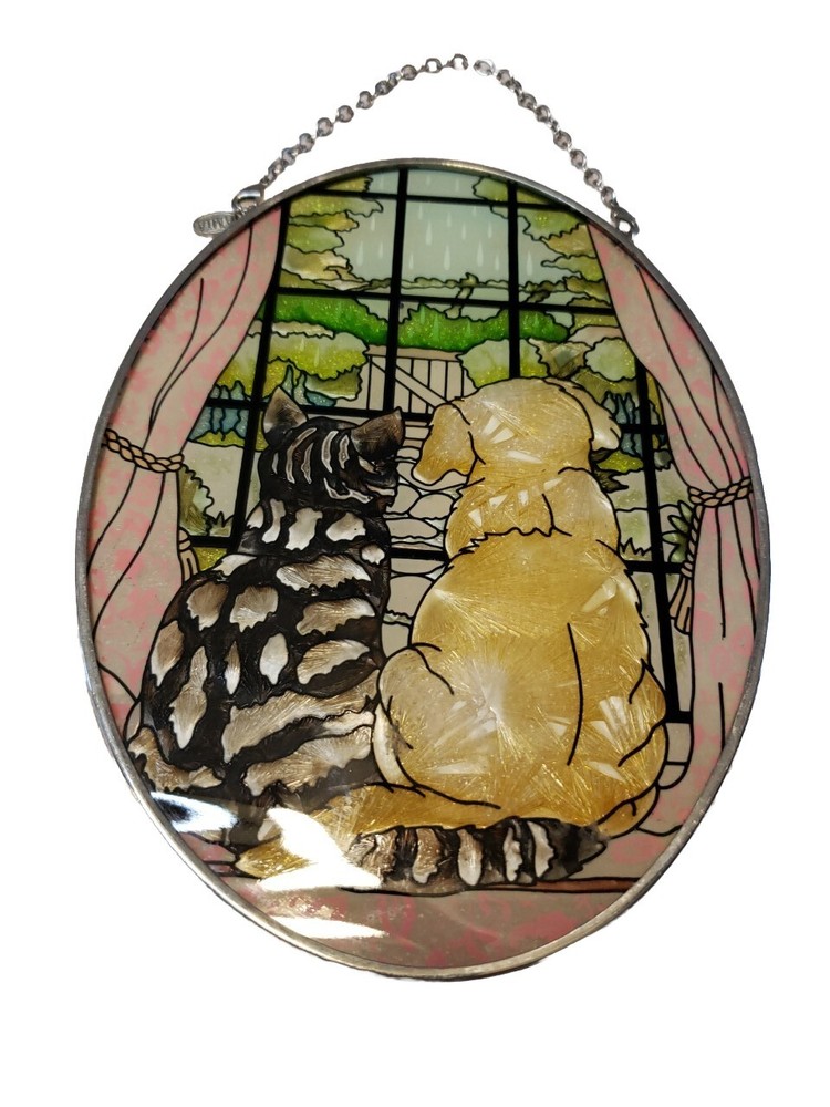 Amia Painted Glass Sun Catcher Dog An Cat Sitting In Window