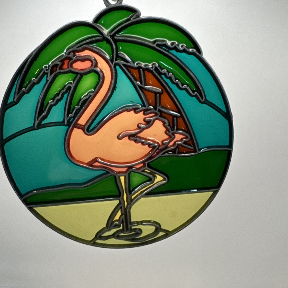 Vintage Flamingo Sun Catcher Stain “Glass” Plastic Metal Frame 5”