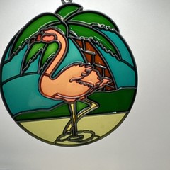 Vintage Flamingo Sun Catcher Stain “Glass” Plastic Metal Frame 5”