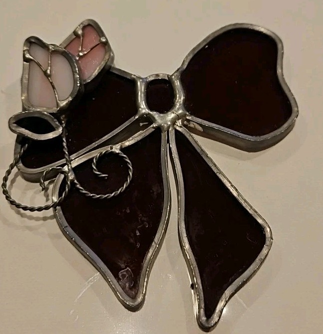 Vintage Stained Glass 3D Suncatcher Ribbon Rose Pink