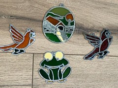 Vintage Sun Catchers Stained Glass Acrylic and Metal Frog Birds Lot Of 4