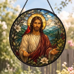 Jesus Suncatcher Stained Glass Window Hanging, Cardinal Memorial Gift, Religious