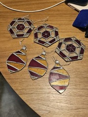 Vtg Set 6 Red & Yellow STAINED GLASS SUN CATCHER Christmas Tree Ornaments